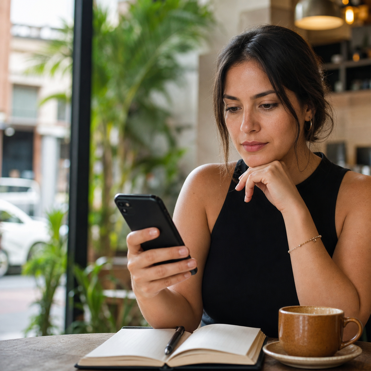 Persona leyendo información de ciudad en su celular